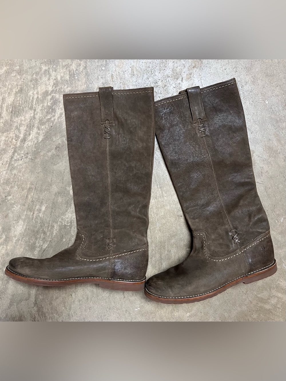 FRYE Celia X Stitch Tall Riding Boots Gray Leather Flat Womens Size 8 B Mexico